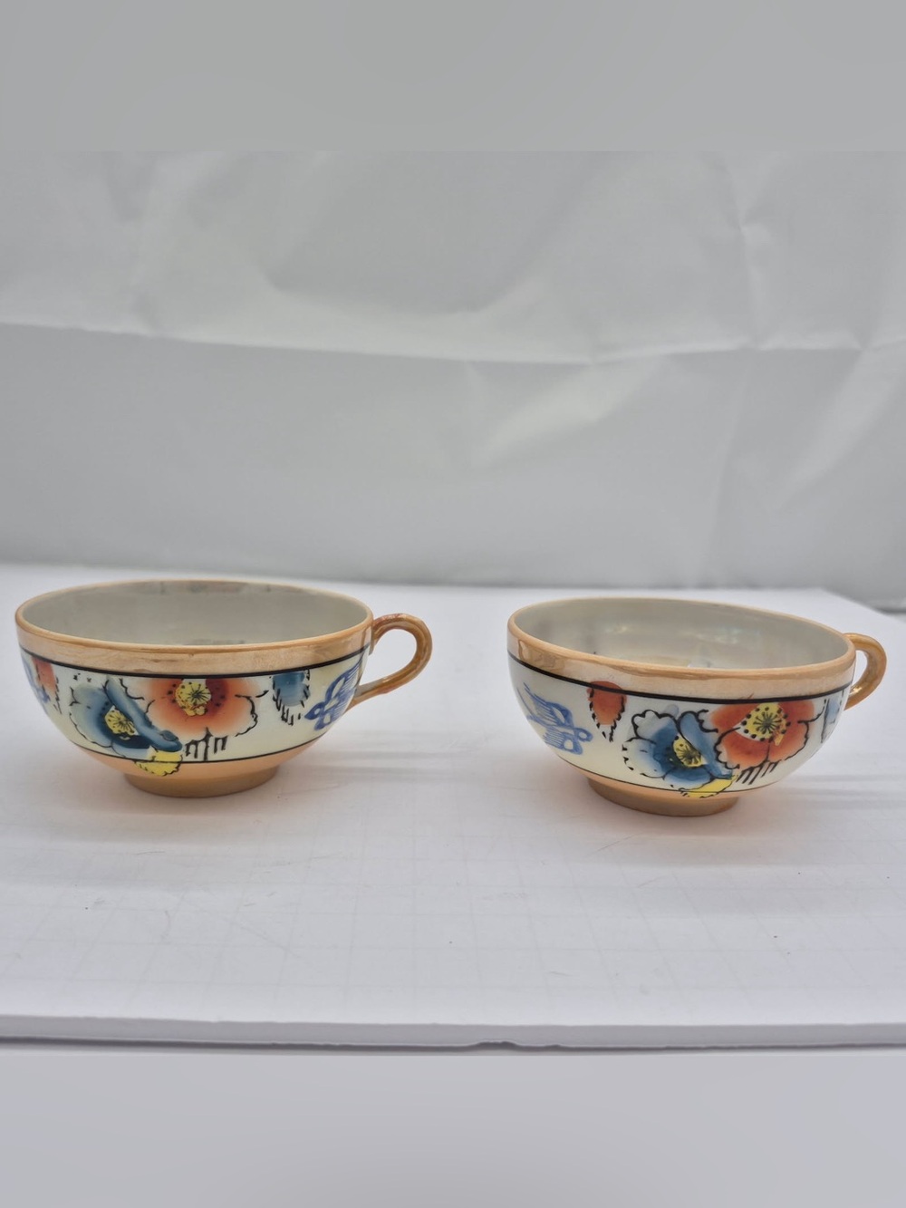 Pair of 2 Vintage Japanese Lusterware Tea Cups Peach Iridescent Floral MCM Rare